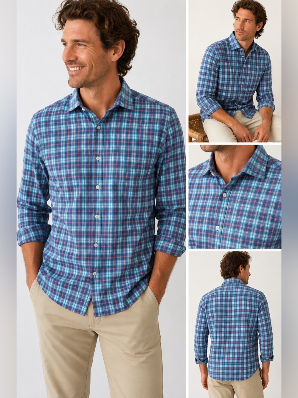 Faherty Blue Pink Plaid Button Down Shirt Men’s Med Coastal Soft Stretch Cotton